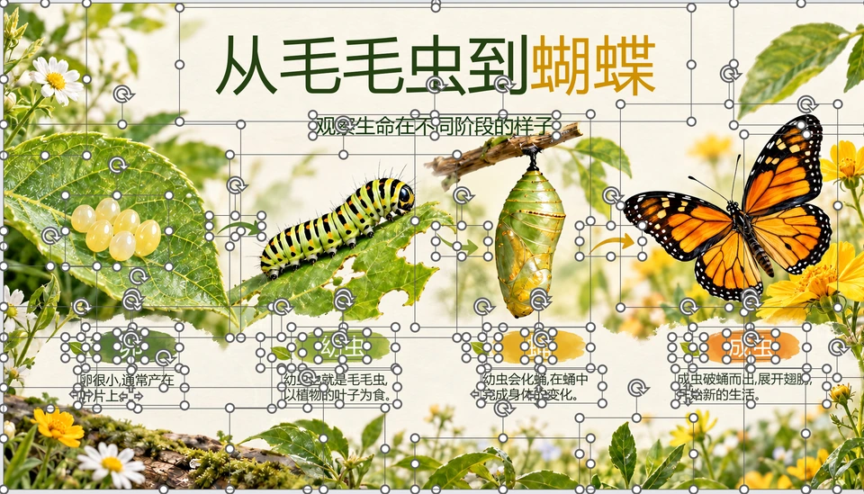 Actual separation screenshot with individual selection outlines around the egg, larva, pupa, butterfly and text