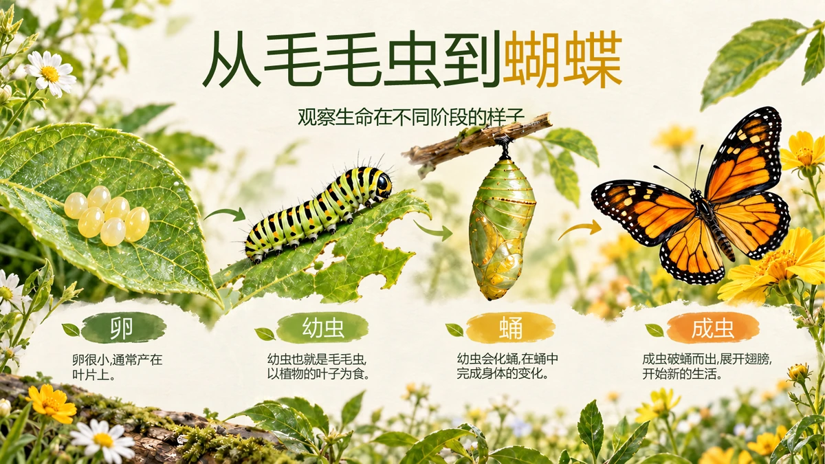Editable butterfly life-cycle slide showing egg, larva, pupa and adult with separate captions