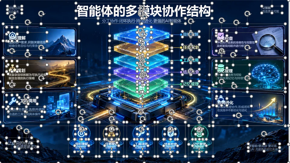 Actual dark technology slide result showing selection outlines around side labels, central artwork modules, and decorations
