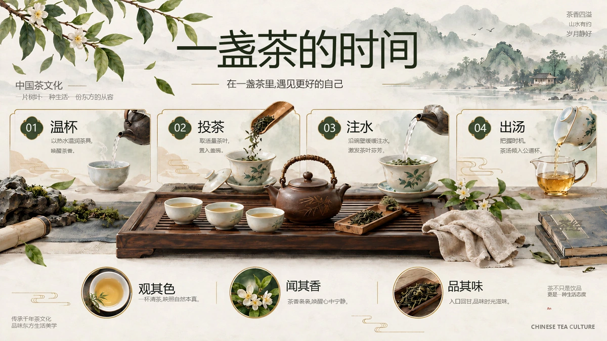 Converted tea slide with an editable Chinese heading, tea illustrations, and circular pictures along the bottom
