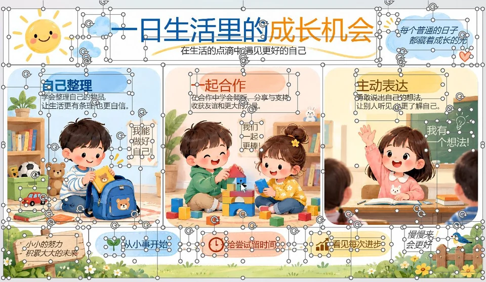 Converted education slide with selection boxes around Chinese headings, illustrated children, speech bubbles, and decorations