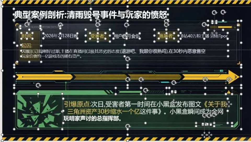 用户提供的深色信息页实际拆分结果，标题、字段文字、黄色长箭头和底部绿色卡片区域显示多个选框