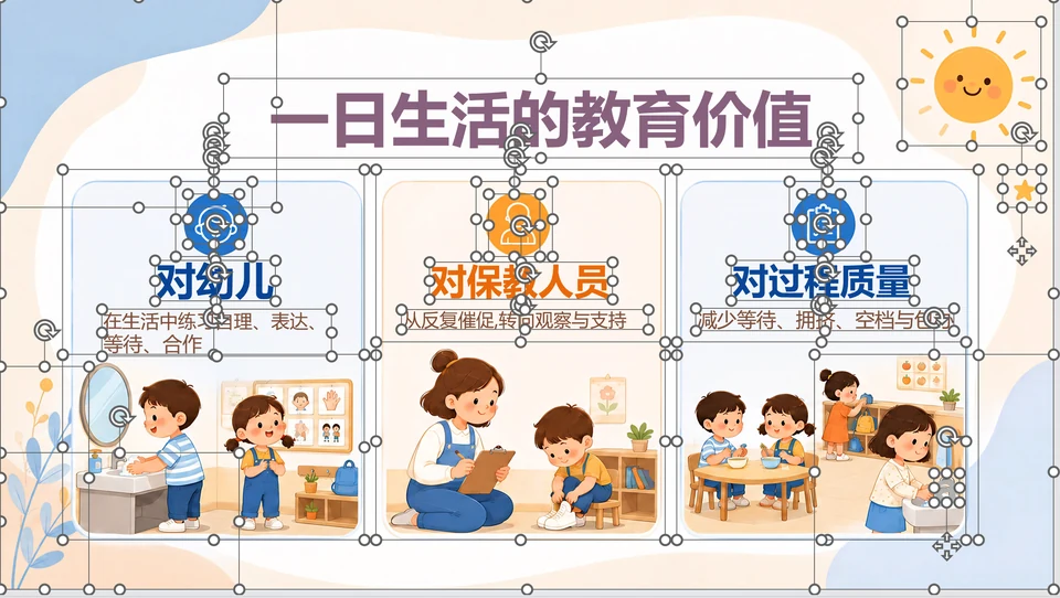 User-provided screenshot of the actual separated education slide, with selection handles around the heading, descriptions, sun icon, and illustrated scenes
