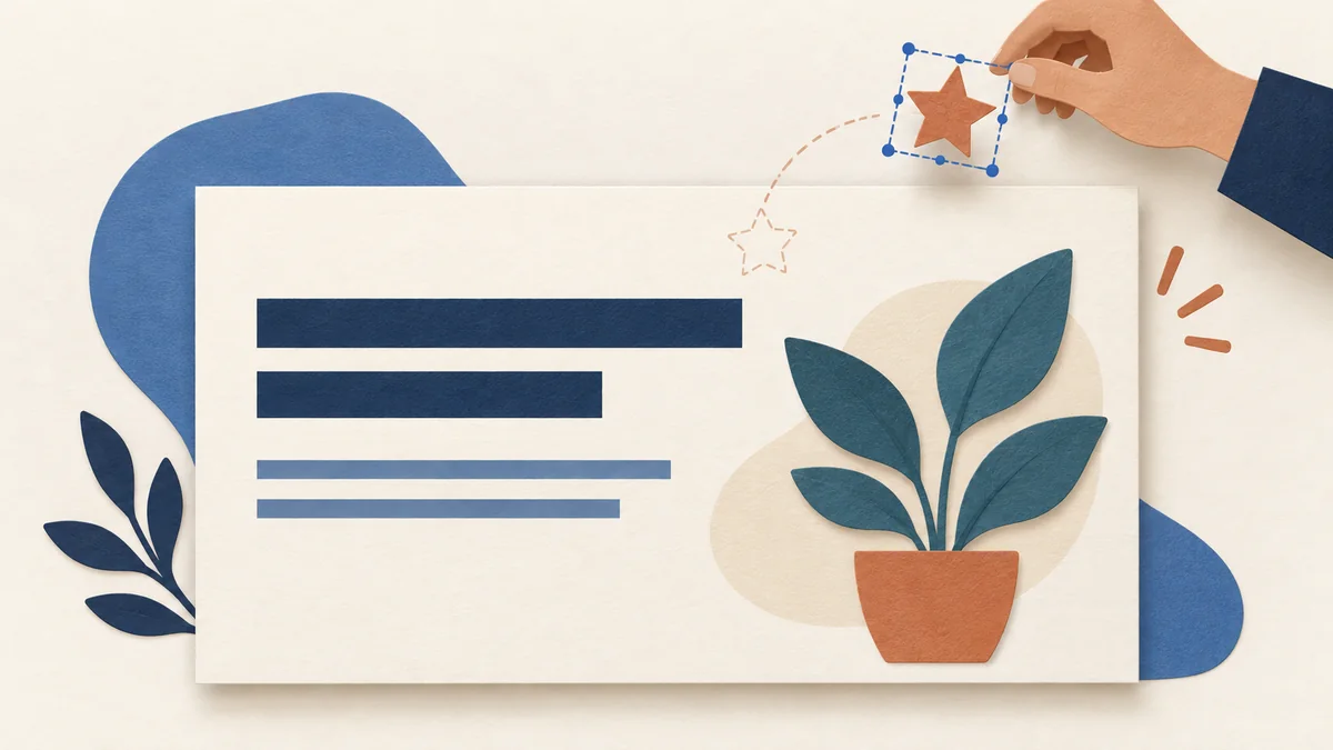 A selected paper star lifted off a slide while the text bars and potted plant stay in place