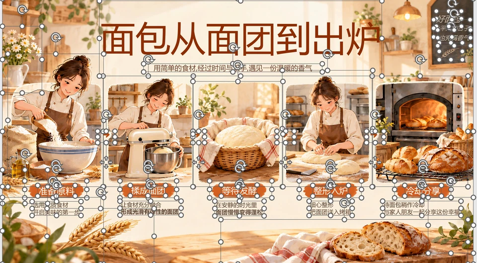 用户提供的面包页真实拆分截图，五张配图、标题和说明各有选择框