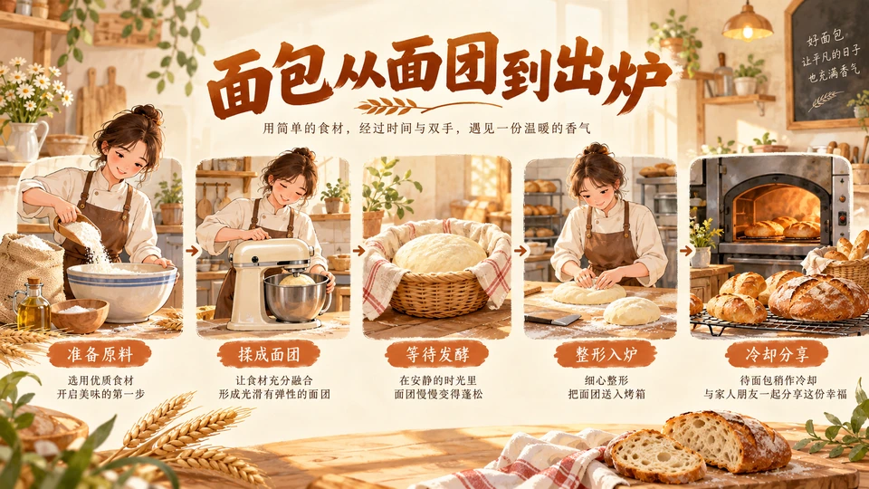 面包制作原图，五个步骤的配图和说明横向排在同一页