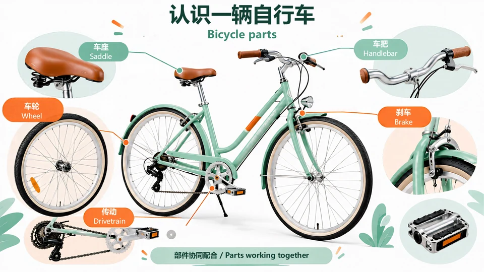 The bilingual practice slide with Chinese above English in each label, retaining the original detail pictures