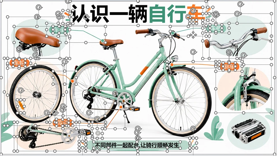 User-provided selection screenshot showing individual Chinese text boxes and picture objects in the bicycle slide