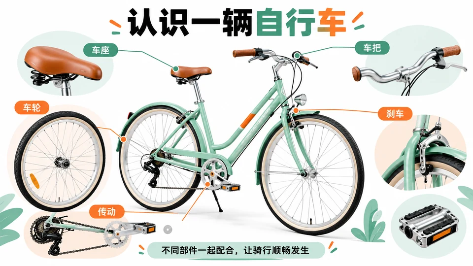 The original Chinese bicycle slide with labels for the saddle, handlebar, wheel, brake and drivetrain