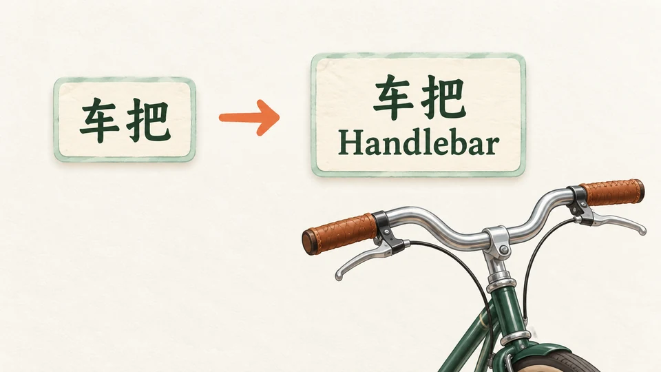 A single Chinese handlebar label expands to two lines, with Chinese above Handlebar and space beside the illustration