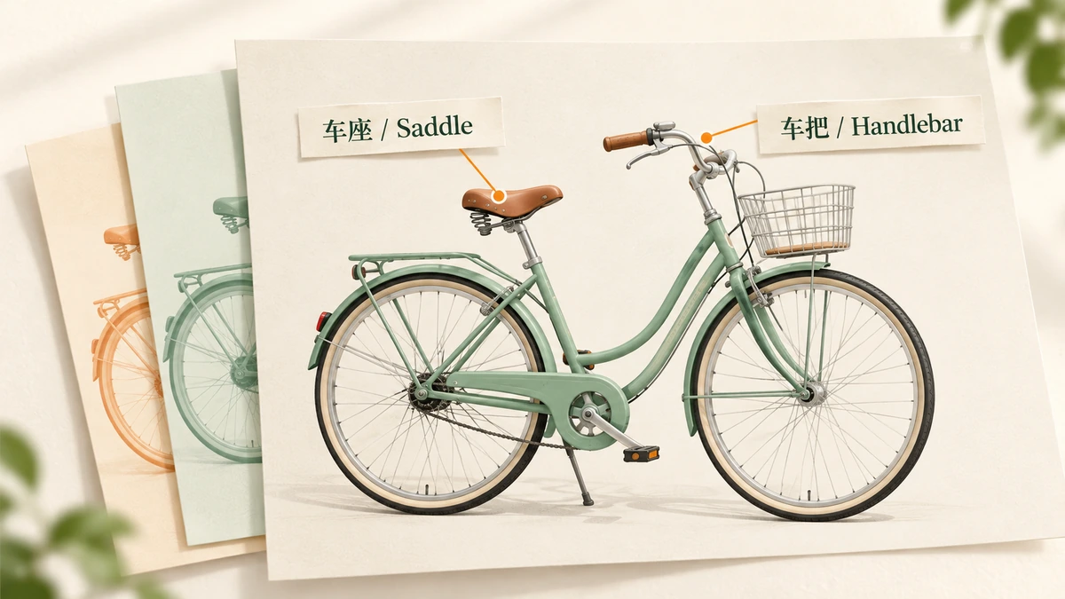 A bicycle illustration with separate Chinese and English labels for its saddle and handlebar