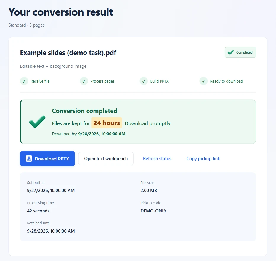 Download PPTX button on the current 2pptx result page (demo task)